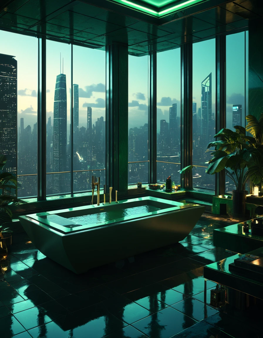  the bathroom has a bathtub with city views , extremely rich,  blade runner's apartment , ,  luxurious setting ,  in a tropical and dystopian city , penthouse , luxury,  blade runner vibes , Urban Jungle,  Blade Runner aesthetics , perfect maximalist composition ,  dramatic green lighting , rich,  gotham setting highly detailed environment, true  Realistic image , masterpiece,  artwork,  hyperrealistic , rendering ,  realistic physical rendering ,  Photorealistic rendering ,  highly detailed ,  high-quality render ,  architectural rendering ,  very realistic 3D render ,  Realistic image ,