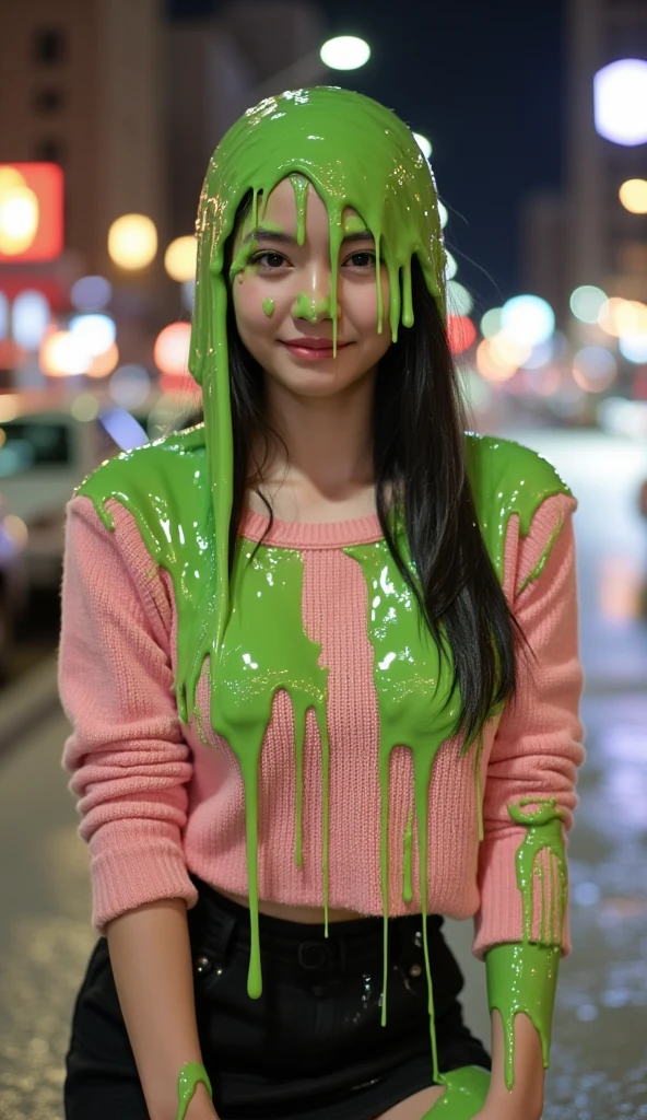 Cinematic photograph of Vietnamese teen covered in dripping green slime. Wearing off-the-shoulder pink sweater. f/1.4 aperture. hyper-realistic style. (Vietnamese teen: 1.1). black hair. Long fake eyelashes. Slime. 50mm. 8k. Masterpiece. New York city in background. Bokeh. Nighttime. Glistening liquid. Raw photo. Delicate eyes. Instagram influencer makeup. Small cleavage. Vietnamese Instagram influencer. Vietnamese model. Sexy Vietnamese girl. (Black Mini skirt with butt hanging out: 1.7). Black high heel shoes.