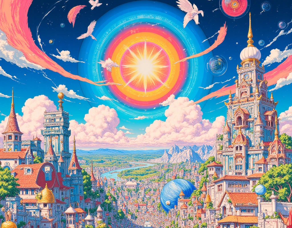 (((color explosion))), (colorful horizon), ((VIVA)), (((full bright color palette horizon))), ((giant temples)), (giant clock towers), ((giant skyscrapers)), (((concept art buildings))), ((((COLOR BRIGHT VIVA LA FIESTA VIBE AMAZING)))), ((((((HORIZON)))))), (((beautiful atmosphere))), (beautiful scenery), ((ultra realistic art)),more_prism background, vibrant color, ,Background,background, fantasy, splash art,mksks,vintage anime, intricate art work