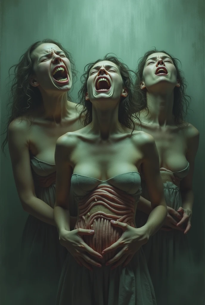 True death, death invarnate,rotting skin, rotting flesh, realistic horror face, undead, gorgeous seductive body, seductive pose, undead pregnant, undead fetus crawling out of the womb,