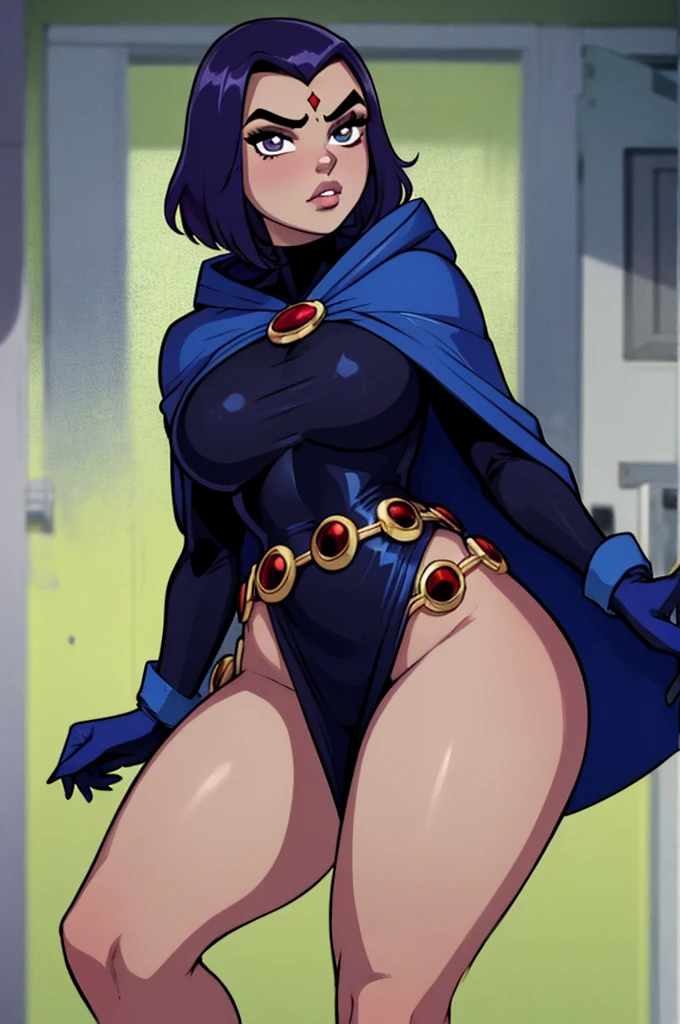 Raven, perspective drawn Teen Titans Raven, slim and slender body, slim waist, arched back, light gray skin, red gemstone in the center of her forehead, looking at the viewer, seductive, (realistic), (masterpiece), (face highly detailed), thick eyebrows, big juicy purple lips, lip filler, cheekbones, open blue dress, bare legs, blue elbow gloves, hooded woman, blue hood, blue cape, blue ankle boots tall, golden belt,