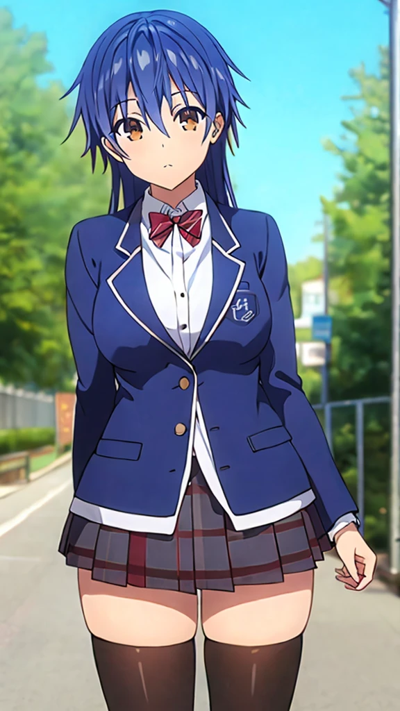 masterpiece, best quality, highres, Itsuka Shido, girl, Blues hair, Brown Eyes, long hair, large breasts, red bow, striped bow, blazer, blue jacket, long sleeves, plaid skirt, Brown skirt, black thighhighs, outdoors, cowboy shot, standing, looking at viewer,, 