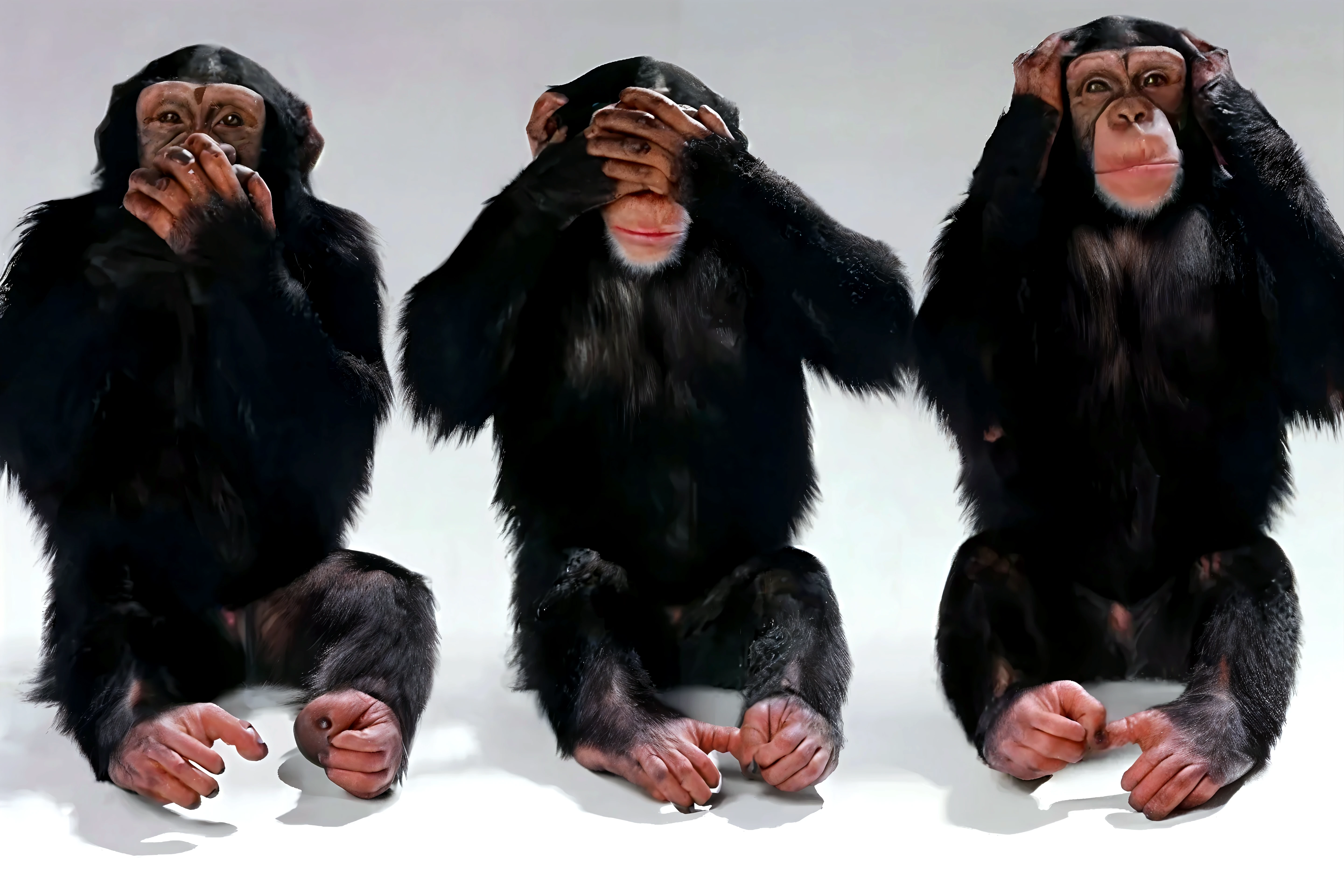 photo of 3 Chimpanzees, sitting on a tree trunk, first Hands on ears, second hands bevor eyes, third hands bevor mouth, forrst in the Background, photorealism, hyper quality, 8k,