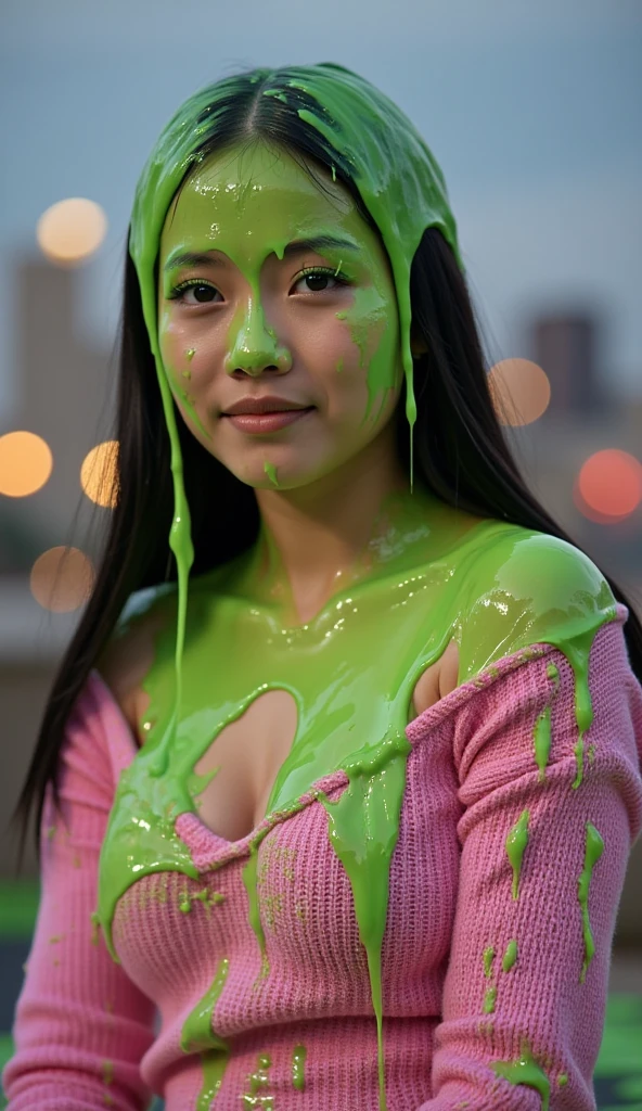 Cinematic photograph of Vietnamese teen covered in dripping green slime. Wearing off-the-shoulder pink sweater. f/1.4 aperture. hyper-realistic style. (Vietnamese teen: 1.1). black hair. Long fake eyelashes. Slime. 50mm. 8k. Masterpiece. New York city in background. Bokeh. Nighttime. Glistening liquid. Raw photo. Delicate eyes. Instagram influencer makeup. Small cleavage. Vietnamese Instagram influencer. Vietnamese model. Sexy Vietnamese girl. (Black Mini skirt with butt hanging out: 1.7)