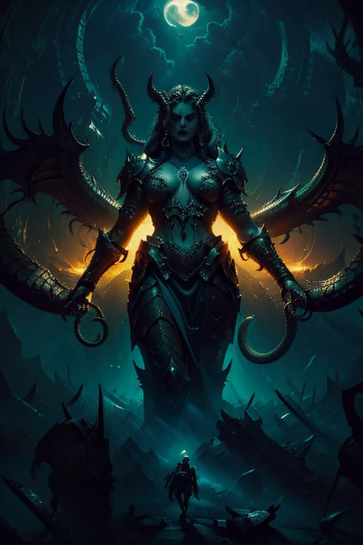 French and German woman carrying dragon on dark blue background, Diablo 4 Lilith, Diablo 4 Queen, epic fantasy digital art style, Art Station Contest Winners, fantasy art behance, cgsociety contest winner, 4K fantasy art, Epic and beautiful character art, symmetrical epic fantasy art, cgsociety contest winner!!, portrait of a scorpion goddess