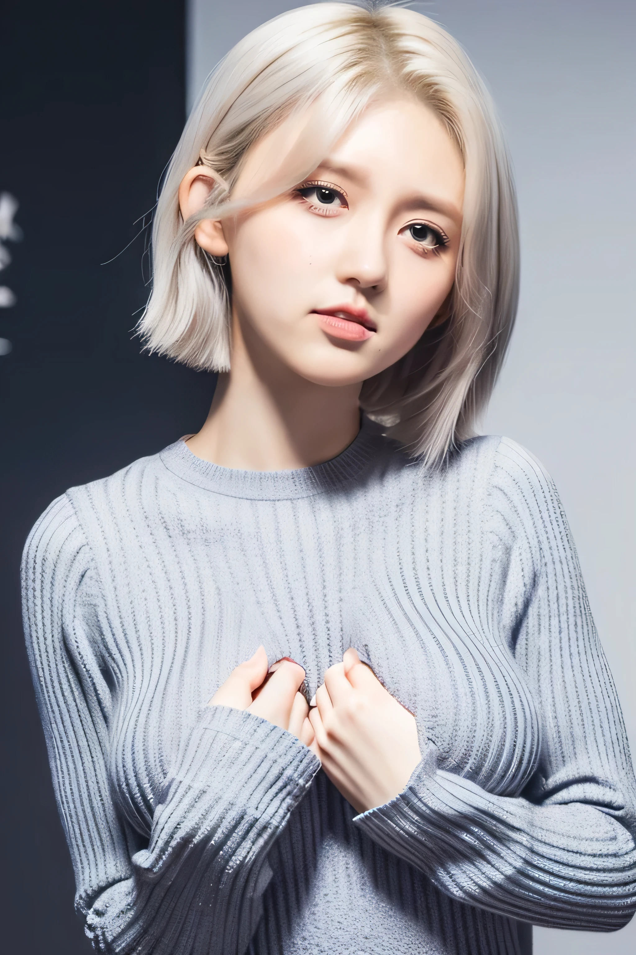  bob cut from the front,   silver-haired,  knitted sweater, (( your own chest from a horizontal oblique angle)),  upper body