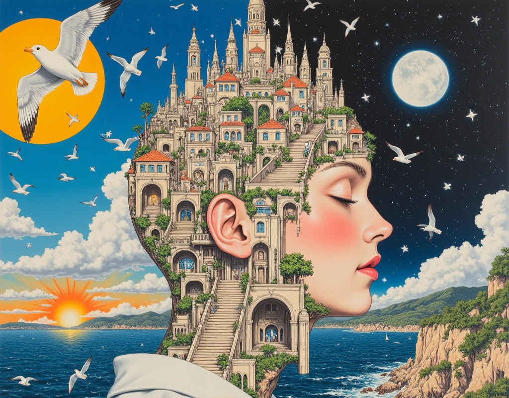 (The painting depicts a surreal), (((complex landscape that blends architectural elements with the human form, The central figure's face, eyes closed and serene, is depicted as a structure filled with buildings, staircases and arches reminiscent of an ancient city. The head is transformed into a labyrinth of streets and buildings))), Seagulls fly across the sky as it transitions from day to night. On one side, a bright sun sinks below the horizon, and on the other, a moonlit night sky unfolds. By blending human anatomy with the cityscape, the piece challenges perception and invites reflection on the relationship between the mind and the environment.

bird,building,city,cityscape,cloud,scenery,bridge,sky,tower,architecture,flock,sunset,skyline,
sun,castle,cloudy_sky,no_humans,seagull,water,outdoors,railing,rooftop,sunbeam,sunlight,fantasy,ocean,twilight,light_rays,landscape,
