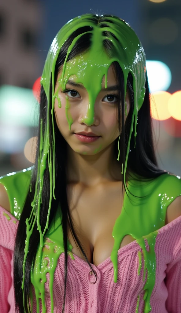 Cinematic photograph of Vietnamese teen covered in dripping green slime. Wearing off-the-shoulder pink sweater. f/1.4 aperture. hyper-realistic style. (Vietnamese teen: 1.1). black hair. Long fake eyelashes. Slime. 50mm. 8k. Masterpiece. New York city in background. Bokeh. Nighttime. Glistening liquid. Raw photo. Delicate eyes. Instagram influencer makeup. Small cleavage. Vietnamese Instagram influencer. Vietnamese model. Sexy Vietnamese girl. (Black Mini skirt with butt hanging out: 1.7)