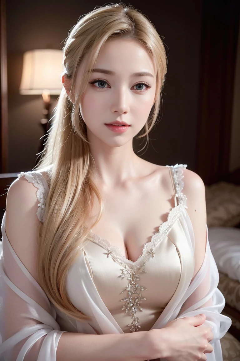 A beautiful blonde adult woman with a soft face, perfect brown eyes, detailed face, long eyelashes, wearing modest clothes, elegant silk flower background, cinematic photorealistic lighting, dramatic night scene, (best quality,4k,8k,highres,masterpiece:1.2),ultra-detailed,(realistic,photorealistic,photo-realistic:1.37),cinematic,dramatic,moody,warm light