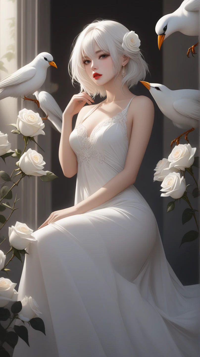 1girl, white medium hair, beautiful detailed lips, white long dress, white rose and bird around, sexy pose 