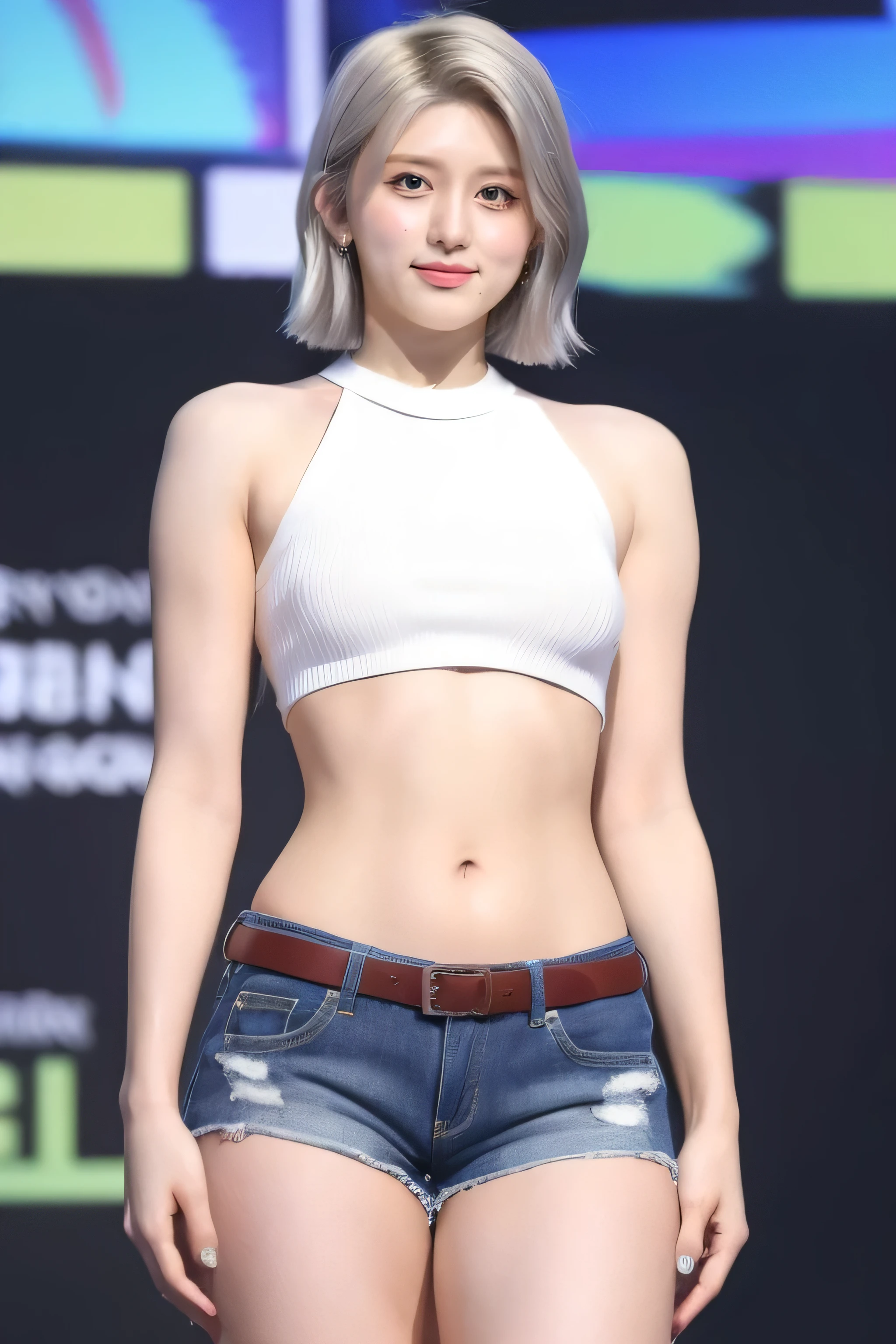 (( best quality, masterpiece)),  bob cut from the front,   silver-haired, (( underbust )), jeans　 shorts, whole body, Bare thigh, Standing on stage,  Model Pose 