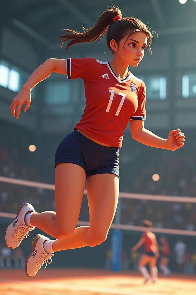 Make a picture of a realistic 20 year old Chilean girl, who wears a volleyball uniform with a light blue short-sleeved T-shirt, that towards the center of the shirt degrades to royal blue and keeps the sleeves and end of the light blue shirt; with black shorts (similar to shorts), with short sleeves that cover from elbow to wrist and that are white and royal blue ( white from the elbow and halfway through it turns into royal blue); and white knee pads please