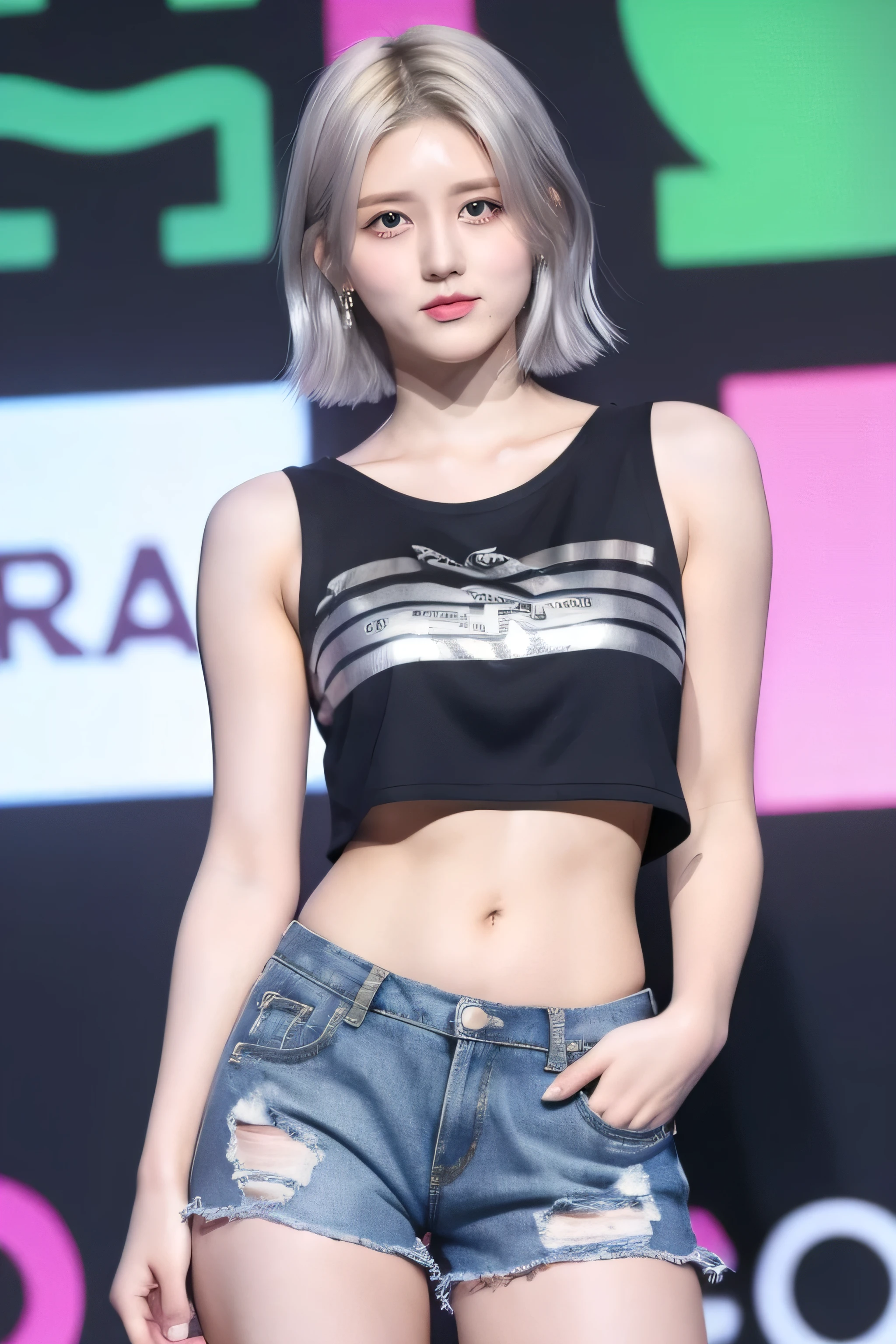  bob cut from the front,   silver-haired, ((camisole blouse)), jeans　 shorts, whole body, Bare thigh, Standing on stage,  Model Pose ,  spread legs