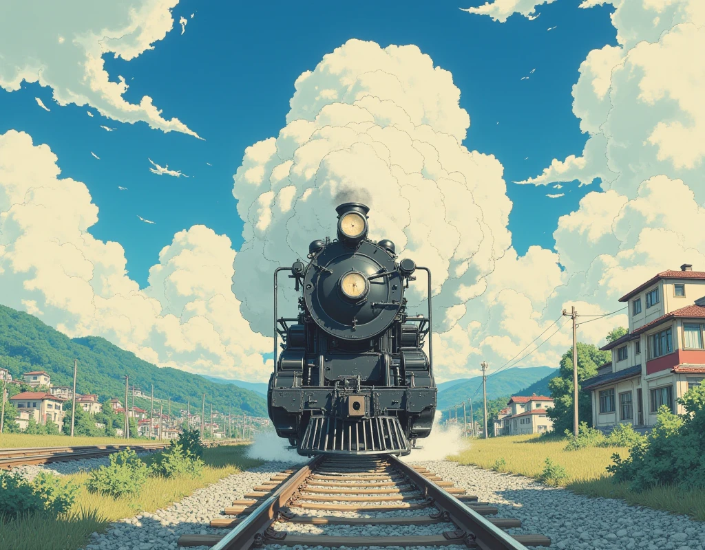 departure, goodbye, never see you again, bye, its been fun, , off to another city, away, train steam train, horizon, scenery, no humans, (HD), (PROFFESSIONAL CINEMATIC ENVIRONMENT),(HD),vintage anime, intricate art work
