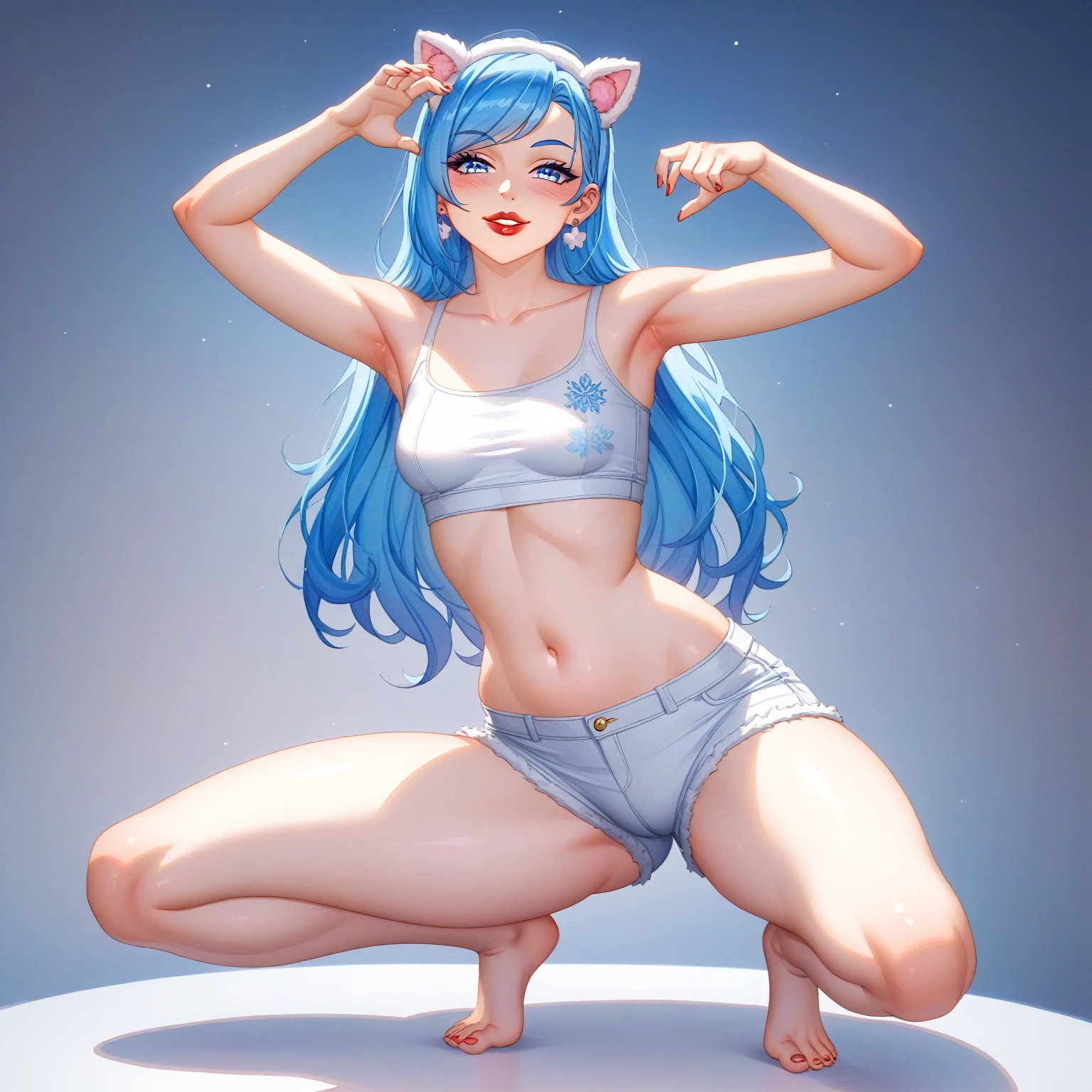 (best quality,4k,8k,highres,masterpiece:1.2),ultra-detailed,realistic, mole under eye, Aisha Hanabi in her bedroom, long blue hair, side pigtails, dark and dramatic makeup, flat chested, wearing a pink tank top and a micro thong, long slender legs, shocks, shoes, gentle lighting, vivid colors