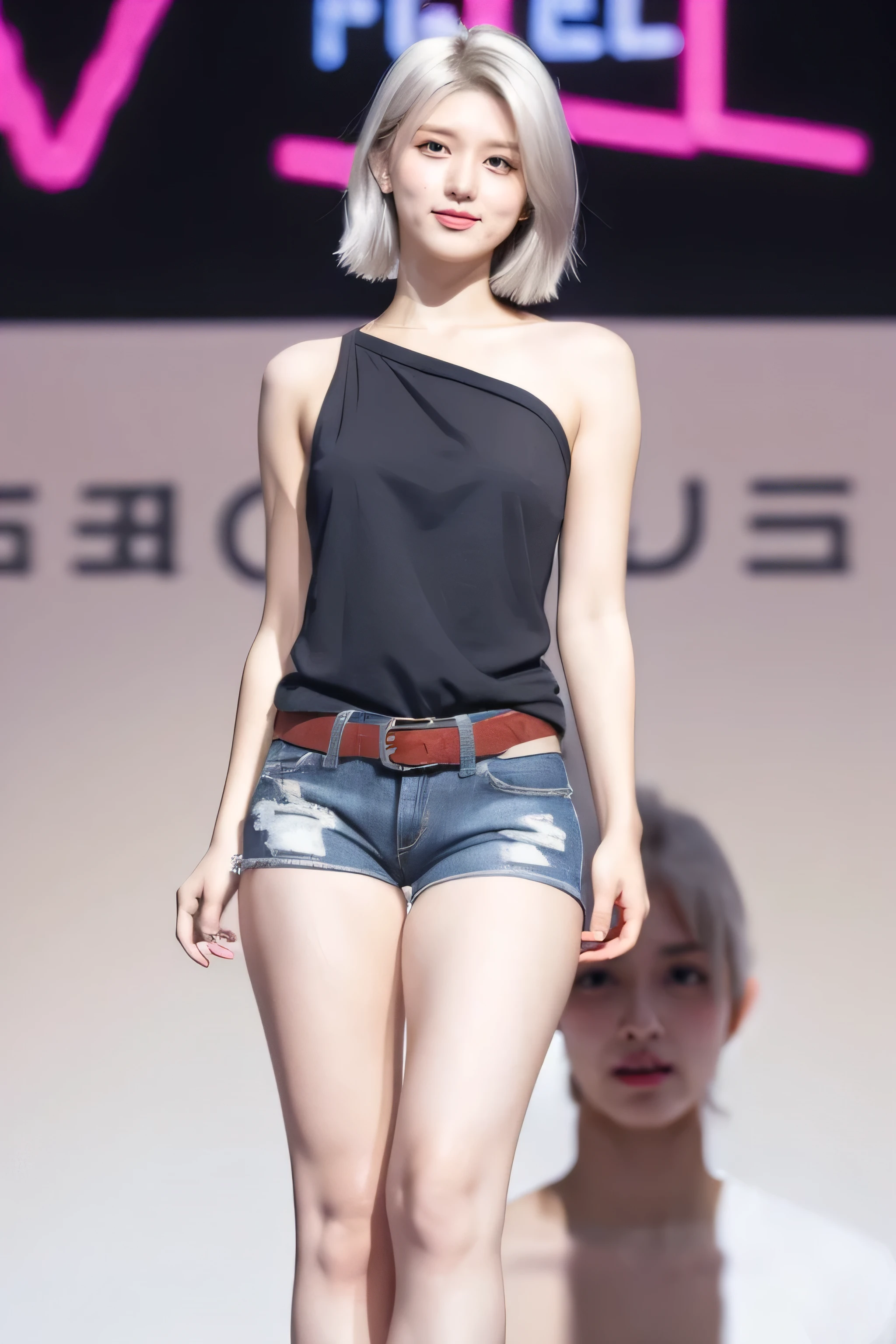  bob cut from the front,   silver-haired, ((camisole blouse)), jeans　 shorts, whole body, Bare thigh, Standing on stage,  Model Pose , Dynamically expand your legs, ラクダのつま先