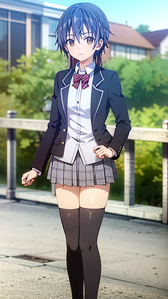 masterpiece, best quality, highres, Itsuka Shido, girl, Blues hair, Brown Eyes, long hair, large breasts, red bow, striped bow, blazer, blue jacket, long sleeves, plaid skirt, Brown skirt, black thighhighs, outdoors, cowboy shot, standing, looking at viewer,, 