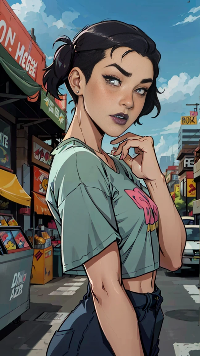 Close up of an supermodel woman face, at a busy cluttered city street background, daytime, pale blue eyes, detailed short pink hair with pigtails and shaved sides haircut, freckles, blushing, pouting expression, single eyebrow raised, eye shadow, black lipstick, pierced eyebrow, big , wearing a loose baggy tshirt crop top, looking to the side, comic book style, flat shaded, prominent comic book outline linework