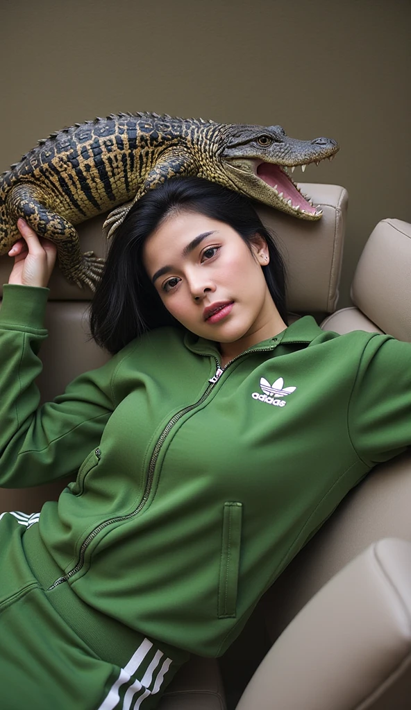 A hyper-realistic of a beautiful young woman with black hair lying on her back in a green, full-body tracksuit adorned with Adidas-style three stripes on her arms. She holds an alligator above her head with a look of calm confidence. wrapped her hand around the alligator. Her outfit combines modern activewear with bold panther-print detailing, styled in a unique rockabilly-inspired way. Her visible tattoos blend with the intricate textures of the tracksuit, while soft, striking light accentuates the paintstrokes and brings a vibrant quality to her skin and the alligator’s scales. The scene is artistic and surreal, showcasing both high-detail realism and expressive brushstrokes 