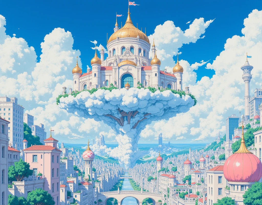 stunning dream scenery, cloud kingdom floating over the metropolitan city, majestic palace of clouds, bridge of clouds, symmetrical, intricate detailed, prism mirage, fantastic atmosphere, ultra high resolution, high definition, high saturation,vintage anime, intricate art work
