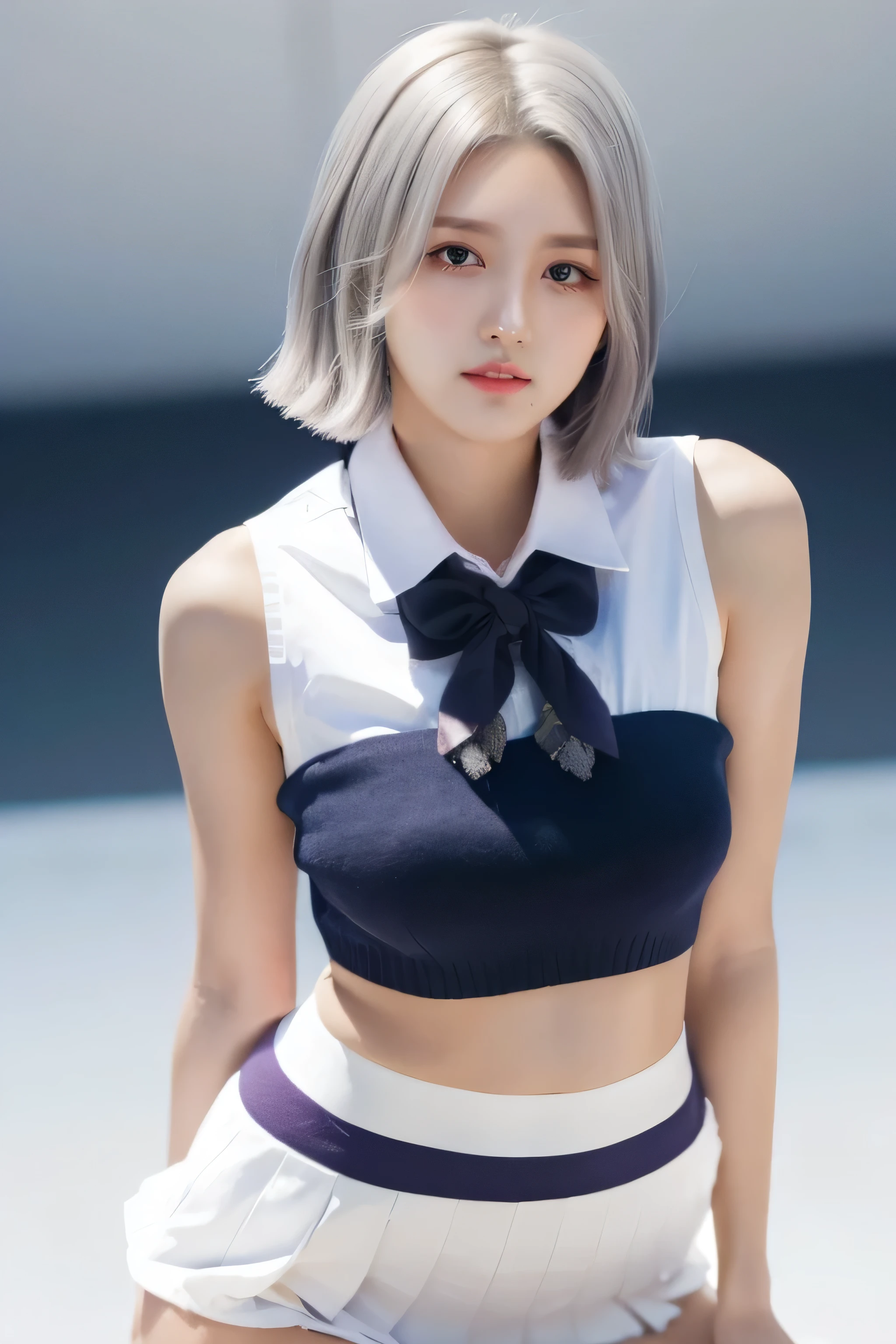 (( best quality, masterpiece)),  bob cut from the front,   silver-haired, (( school uniform,  school uniform with skirt)), jeans　 shorts, whole body, Bare thigh, Standing on stage, (( upside down ,  panchira )), Upskirt, from below 