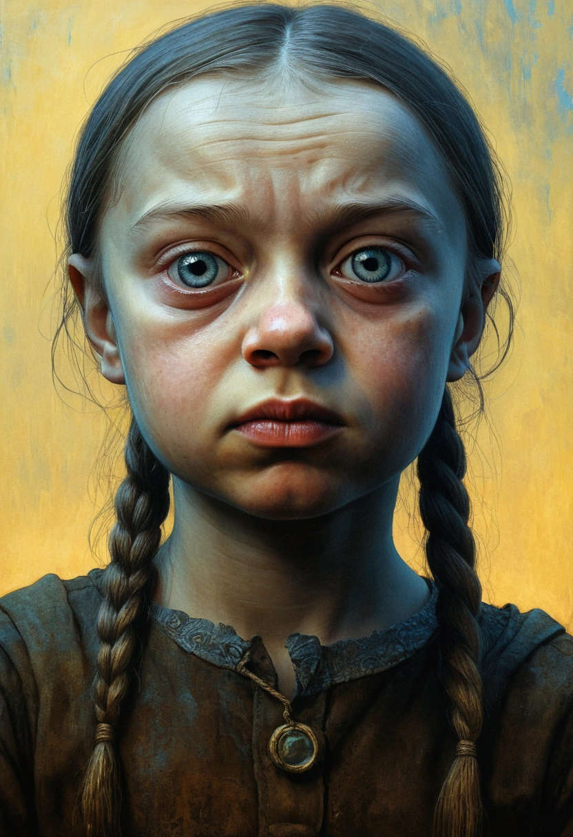 painting of Greta Thunberg, 30 years old, dystopian, creepy, nightmare, disturbing, creepy, gloomy, rotten, by zislaw beksinski