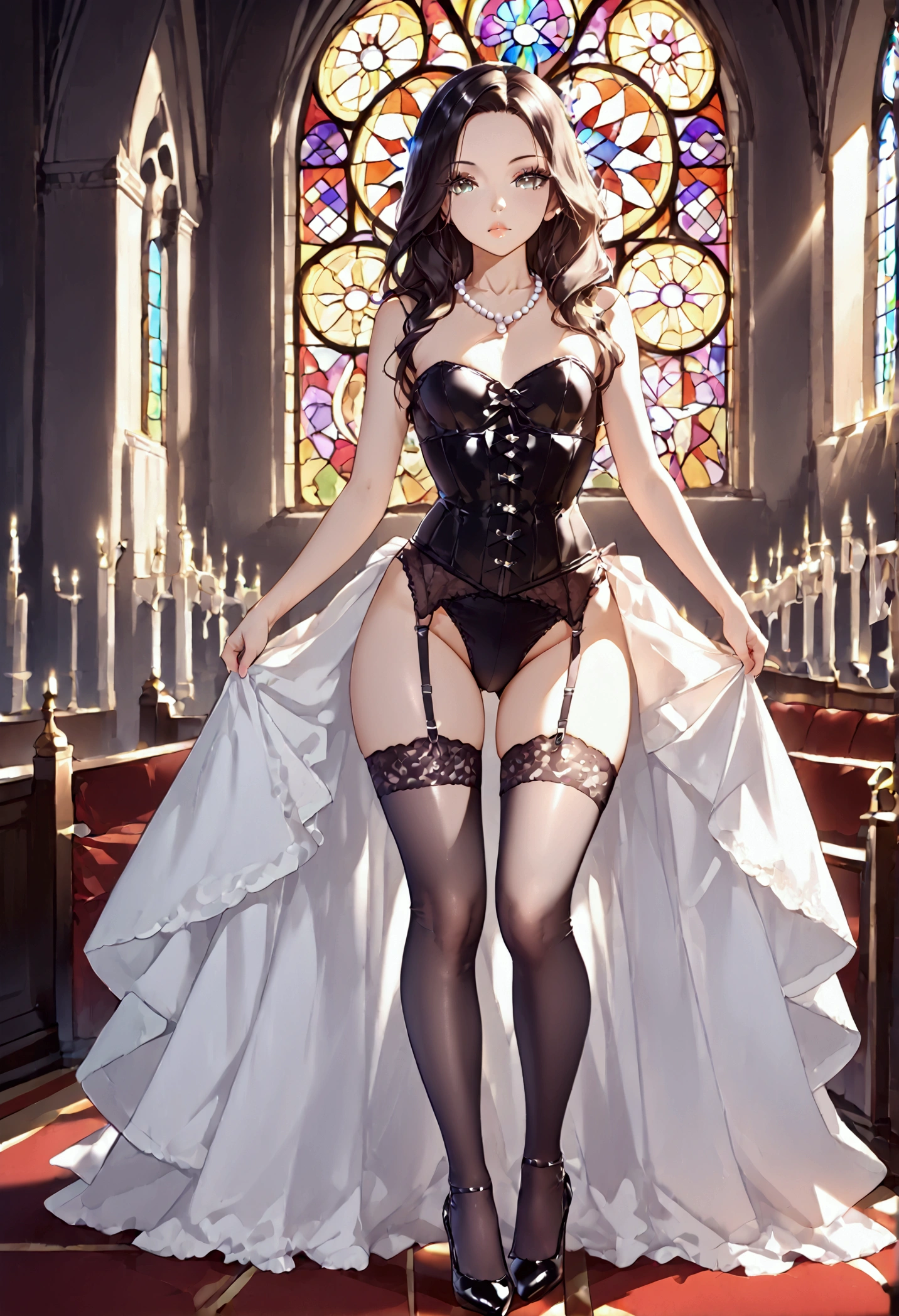 a beautiful femboy with detailed feminine features, perfect makeup, long eyelashes, pearl necklace, wearing a tight black corset, lace stockings and high heels, posing provocatively in a cathedral interior, light streaming through stained glass windows, baroque architecture, dramatic chiaroscuro lighting, cinematic composition, highly detailed, 8k, photorealistic, masterpiece