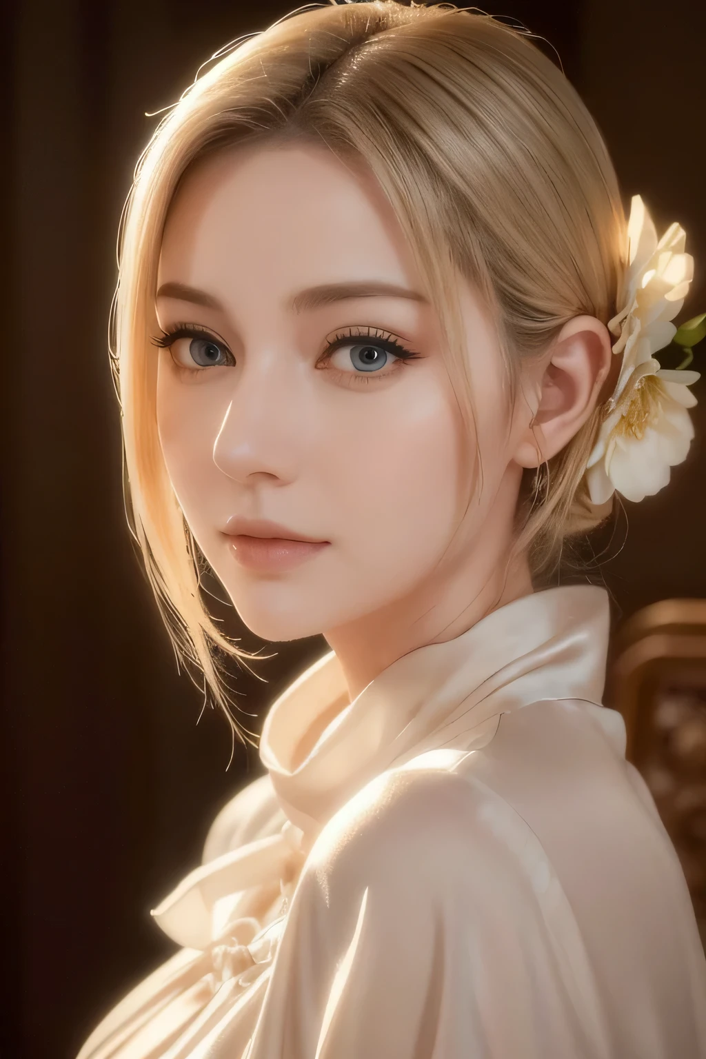 A beautiful blonde adult woman with a soft face, perfect brown eyes, detailed face, long eyelashes, wearing modest clothes, elegant silk flower background, cinematic photorealistic lighting, dramatic night scene, (best quality,4k,8k,highres,masterpiece:1.2),ultra-detailed,(realistic,photorealistic,photo-realistic:1.37),cinematic,dramatic,moody,warm light