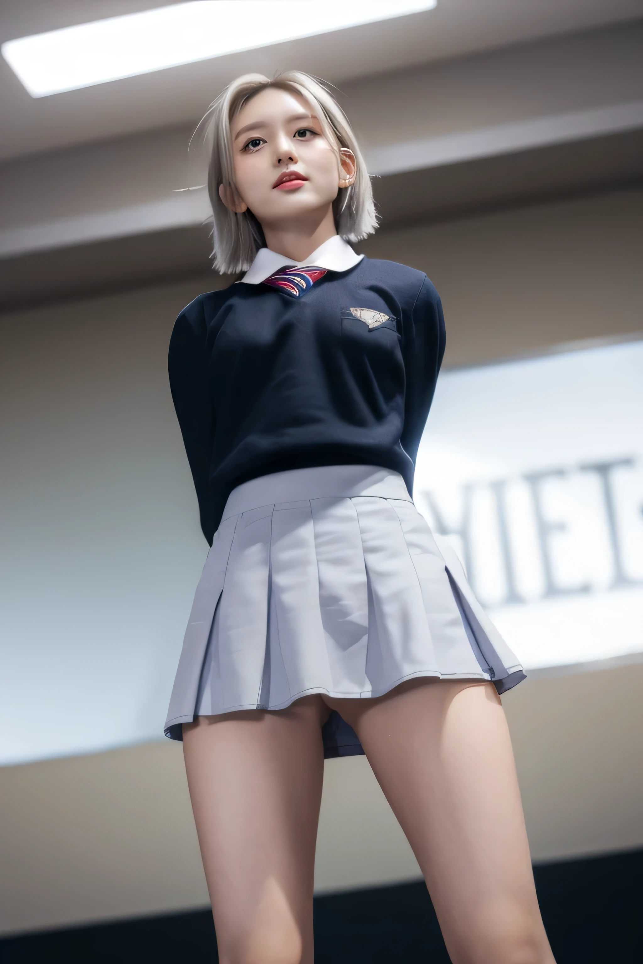  bob cut from the front,   silver-haired, (( school uniform:1.4)), jeans　 shorts, whole body, Bare thigh, Standing on stage, (( upside down ,  panchira )), Upskirt, ((from below ))