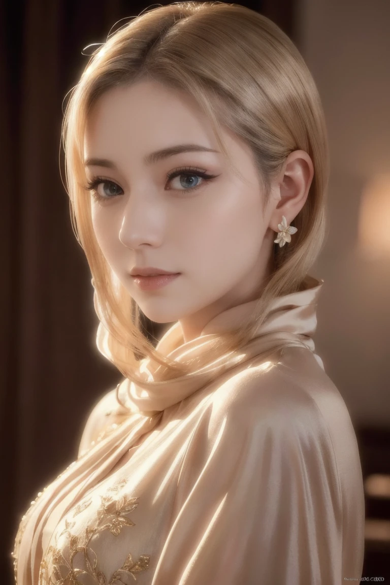 A beautiful blonde adult woman with a soft face, perfect brown eyes, detailed face, long eyelashes, wearing modest clothes, elegant silk flower background, cinematic photorealistic lighting, dramatic night scene, (best quality,4k,8k,highres,masterpiece:1.2),ultra-detailed,(realistic,photorealistic,photo-realistic:1.37),cinematic,dramatic,moody,warm light