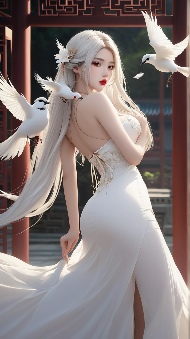 Chinese , 1girl, white long hair, beautiful detailed lips, white long dress, white feather and bird around, sexy pose 