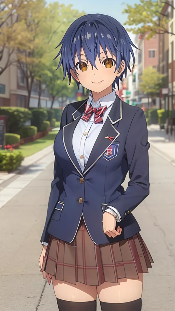 itsuka shido, girl, solo, blue hair, Brown eyes, smile, large breasts, red bow, striped bow, blazer, blue jacket, long sleeves, plaid skirt, brown skirt, black thighhighs, outdoors, cowboy shot, standing, looking at viewer,