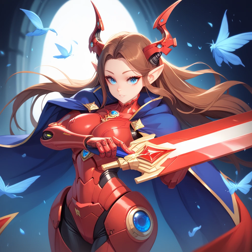 score_9, score_8_up, score_7_up, ((Masterpiece)), ((highres)), a detailed cyborg girl, long brown hair, cybernetic waist cape, pualdrons, beautiful anime eyes, red cyborg armor, cyberntic horns, cybernetic sword in hand, defined elf ears, defined eyes, blue iris, long eye lashes, defined nose, curvy,