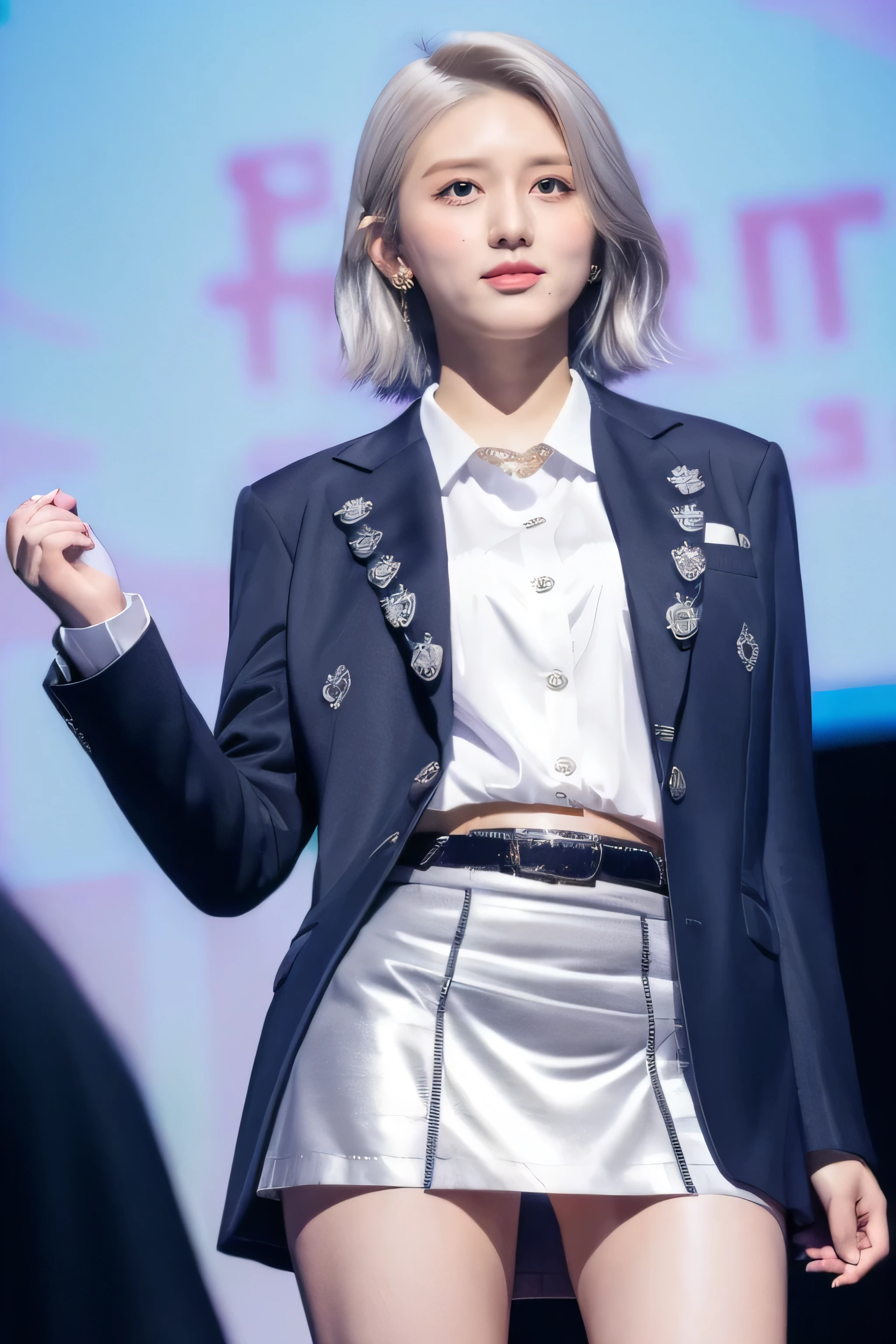  bob cut from the front,   silver-haired, (( business suit,  tight skirt:1.4)), jeans　 shorts, whole body, Bare thigh, Standing on stage, (( Flip Your Skirt ,  panchira )), Upskirt itself  ,((from below ))