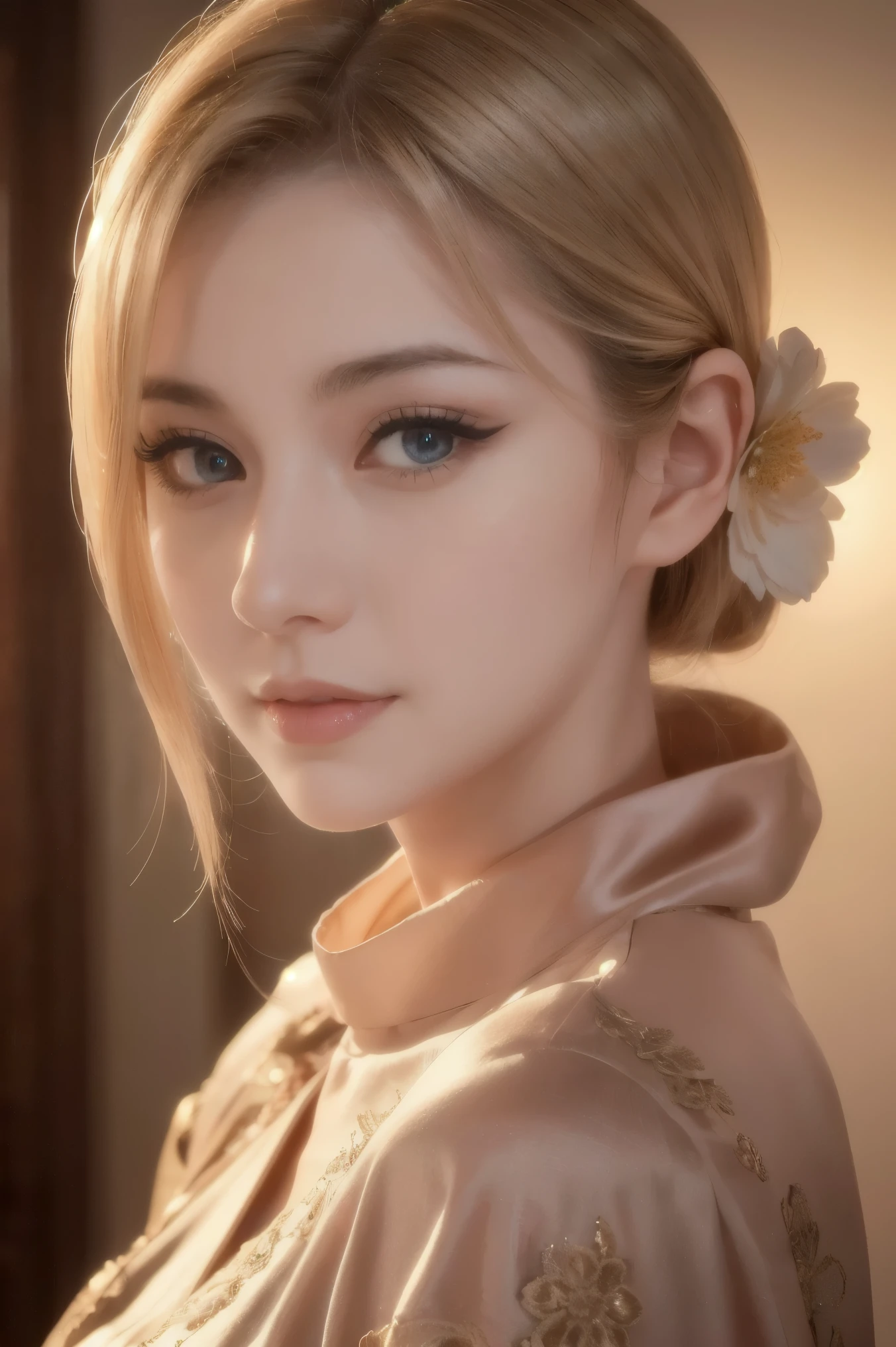 A beautiful blonde adult woman with a soft face, perfect brown eyes, detailed face, long eyelashes, wearing modest clothes, elegant silk flower background, cinematic photorealistic lighting, dramatic night scene, (best quality,4k,8k,highres,masterpiece:1.2),ultra-detailed,(realistic,photorealistic,photo-realistic:1.37),cinematic,dramatic,moody,warm light