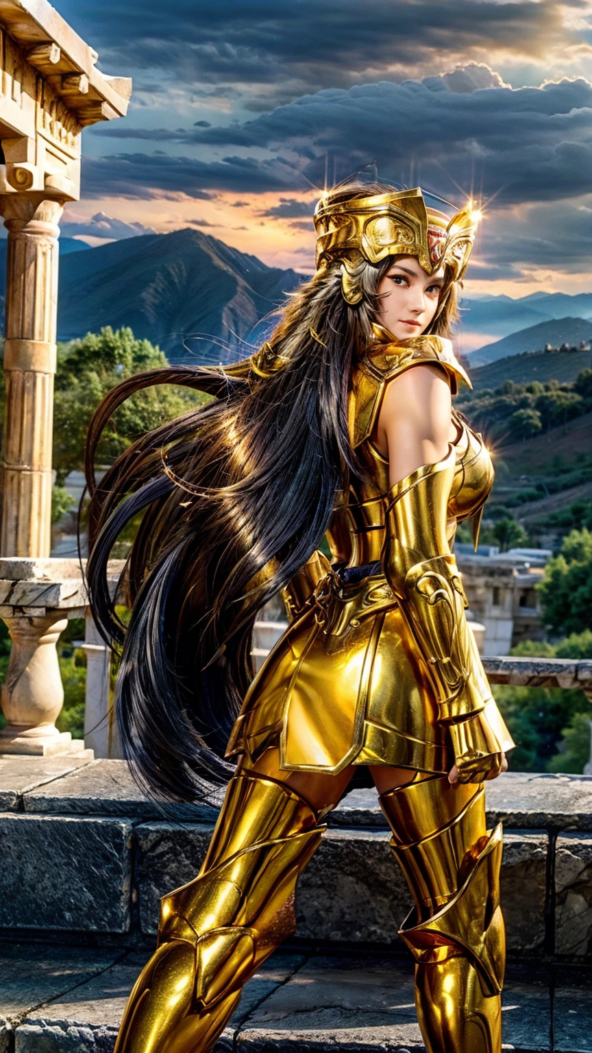 Gemini Armor, gold armor,1girl, armor, Dramatic skies, looking at the audience, armor, Shut up, Upper Body, Serious, helmet, On the Greek temple bridge, whole body. Go to the audience, boots,Solo, Smile, Red Eyes, White long Hair, High Resolution, Masterpiece, High Details, High Quality, Super Detailed, Best Quality, huge boobs, feminisme, sexy, full body