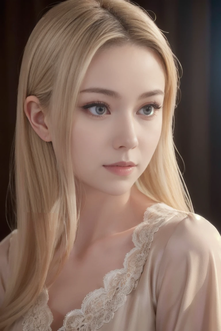 A beautiful blonde adult woman with a soft face, perfect brown eyes, detailed face, long eyelashes, wearing modest clothes, elegant silk flower background, cinematic photorealistic lighting, dramatic night scene, (best quality,4k,8k,highres,masterpiece:1.2),ultra-detailed,(realistic,photorealistic,photo-realistic:1.37),cinematic,dramatic,moody,warm light