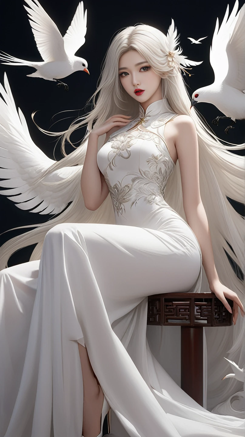 Chinese , 1girl, white long hair, beautiful detailed lips, white long dress, white feather and bird around, sexy pose 