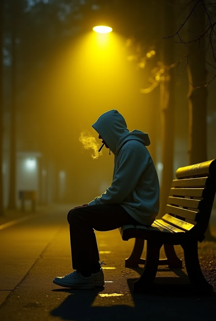 Create a picture of a young man with hip hop clothes, Three-day beard and cap standing under a street lamp at night smoking.