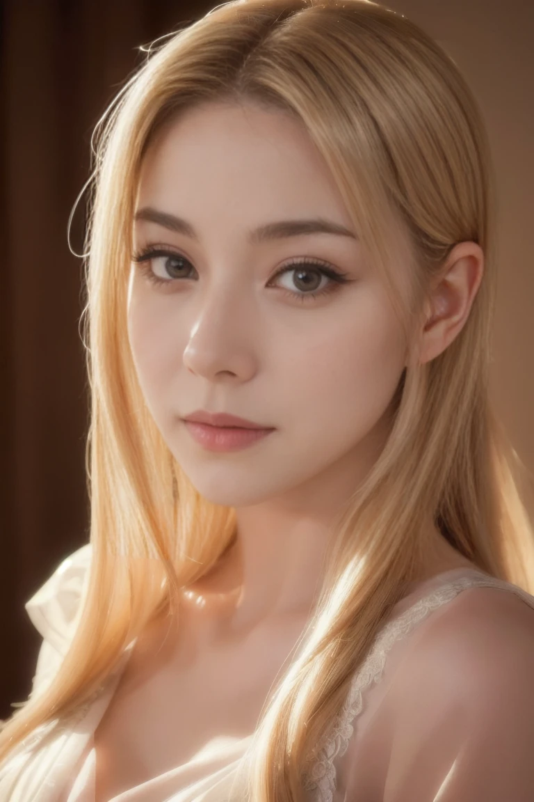 A beautiful blonde adult woman with a soft face, perfect brown eyes, detailed face, long eyelashes, wearing modest clothes, elegant silk flower background, cinematic photorealistic lighting, dramatic night scene, (best quality,4k,8k,highres,masterpiece:1.2),ultra-detailed,(realistic,photorealistic,photo-realistic:1.37),cinematic,dramatic,moody,warm light