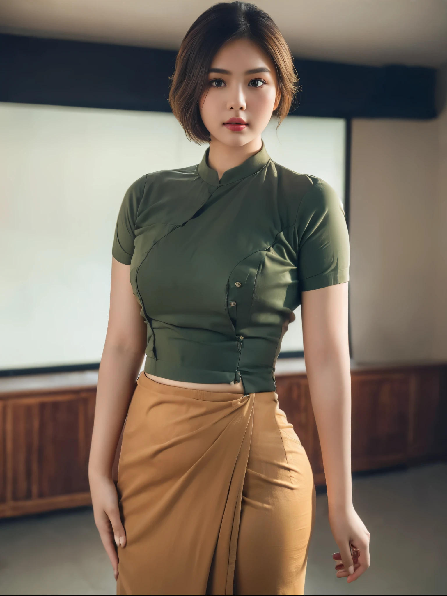 ((Best Quality, 8k, Masterpiece:1.3))), Crisp Focus: 1.2, (Beautiful Woman with Perfect Figure: 1.4) , Chubby girl,age 29,Burmese girl,Highly Detailed Face and Skin Texture., Detailed Eyes, Double Eyelids , short Hair to Chest ,( acmm long top, acmm long printed skirt):red ,in the classroom,in studio light, olive green background ,Transparent Style,film effect 、best position,best composition, perspective view, ultra wide view,(best quality,4K,8K,highres,masterpiece:1.2),ultra-detailed,(realistic,photorealistic,photo-realistic:1.37),HDR,studio lighting,sharp focus,