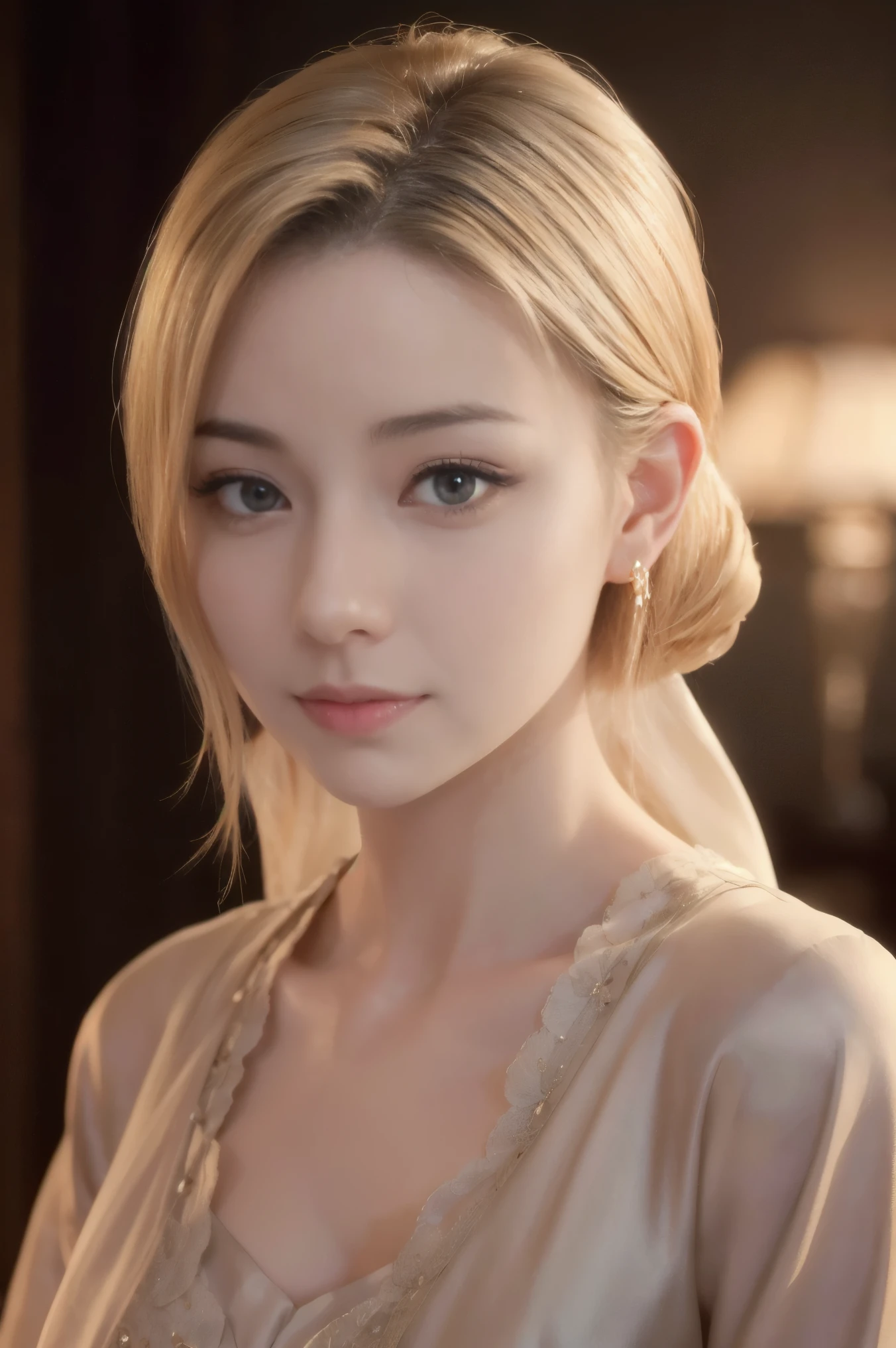 A beautiful blonde adult woman with a soft face, perfect brown eyes, detailed face, long eyelashes, wearing modest clothes, elegant silk flower background, cinematic photorealistic lighting, dramatic night scene, (best quality,4k,8k,highres,masterpiece:1.2),ultra-detailed,(realistic,photorealistic,photo-realistic:1.37),cinematic,dramatic,moody,warm light