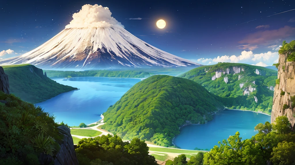  create a view of a lake with vegetation on the shores and 3 large volcanoes in the background,  night view , Night Vision,  a bright car moon, Night lighting  