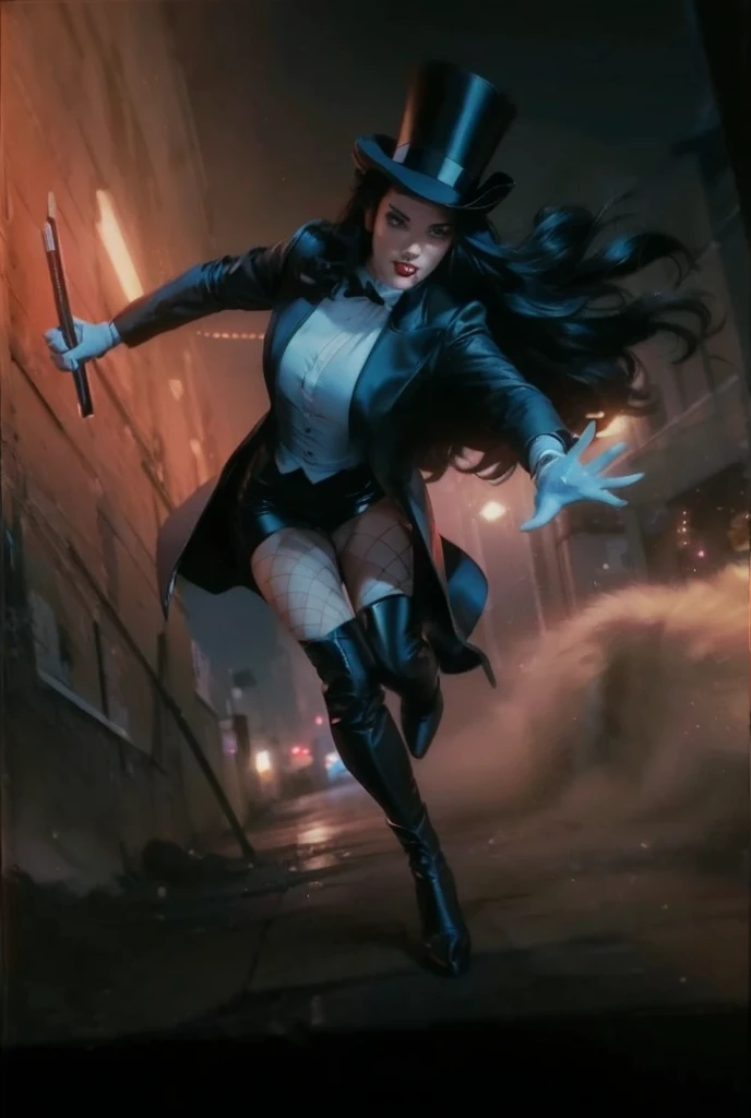 a beautiful woman wearing a top hat and magician outfit, pretty face, wearing sexy fishnet stockings, sexy figure, sexy legs, wearing white gloves, holding a magic wand, wearing black leather boots, with long black hair, running down a street, with a tux, tuxedo suit with coat tails, highly detailed, in the style of stanley artgerm, julie bell, alex ross, realism, dramatic, 4k, beautiful superhero pose, dynamic action, magic, DC comics style, trending on artstation, high quality render, octane render, rim lighting, dramatic lighting, 4k, highly detailed art