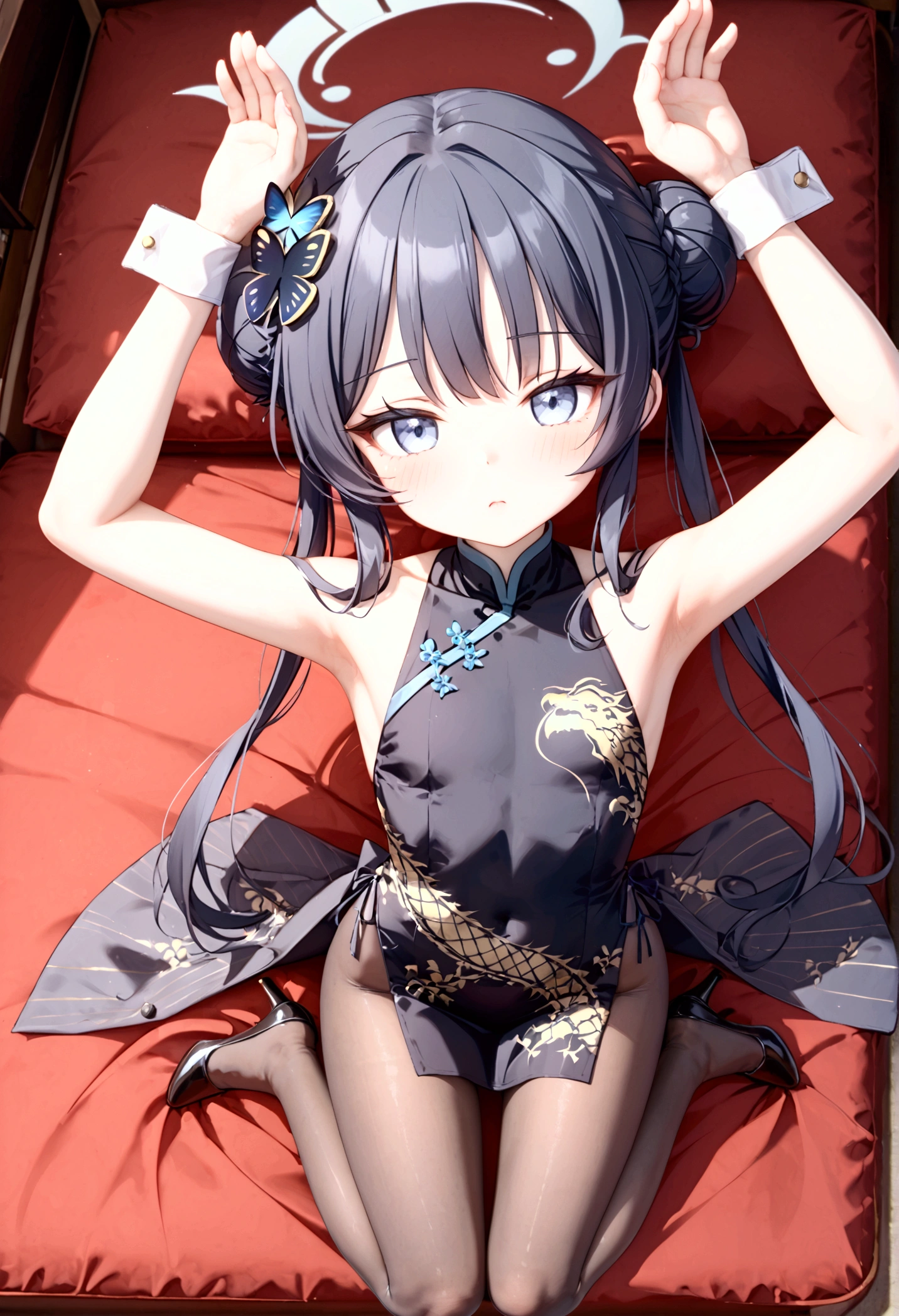 High image quality 、masterpiece、  High Quality   、Full HD、4K 、 depicting only one girl 、 looking at camera、 seen from above 、Depict the whole body、Kisaki(blue archive)、Black long hair 、Bun Hair、Blue hair ornament、  blue eyes、 slim、 flat chested、Grey Halo (Kisaki)、 Shy 、blush、 red cheeks 、 Black China Dress Style Uniform 、Gold embroidery、Hands above head、Bunny Pose、Long, slender legs、Thin black pantyhose、 wearing black high heels、誰もいない生徒会室でBunny Pose