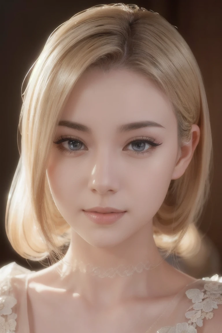 A beautiful blonde adult woman with a soft face, perfect brown eyes, detailed face, long eyelashes, wearing modest clothes, elegant silk flower background, cinematic photorealistic lighting, dramatic night scene, (best quality,4k,8k,highres,masterpiece:1.2),ultra-detailed,(realistic,photorealistic,photo-realistic:1.37),cinematic,dramatic,moody,warm light