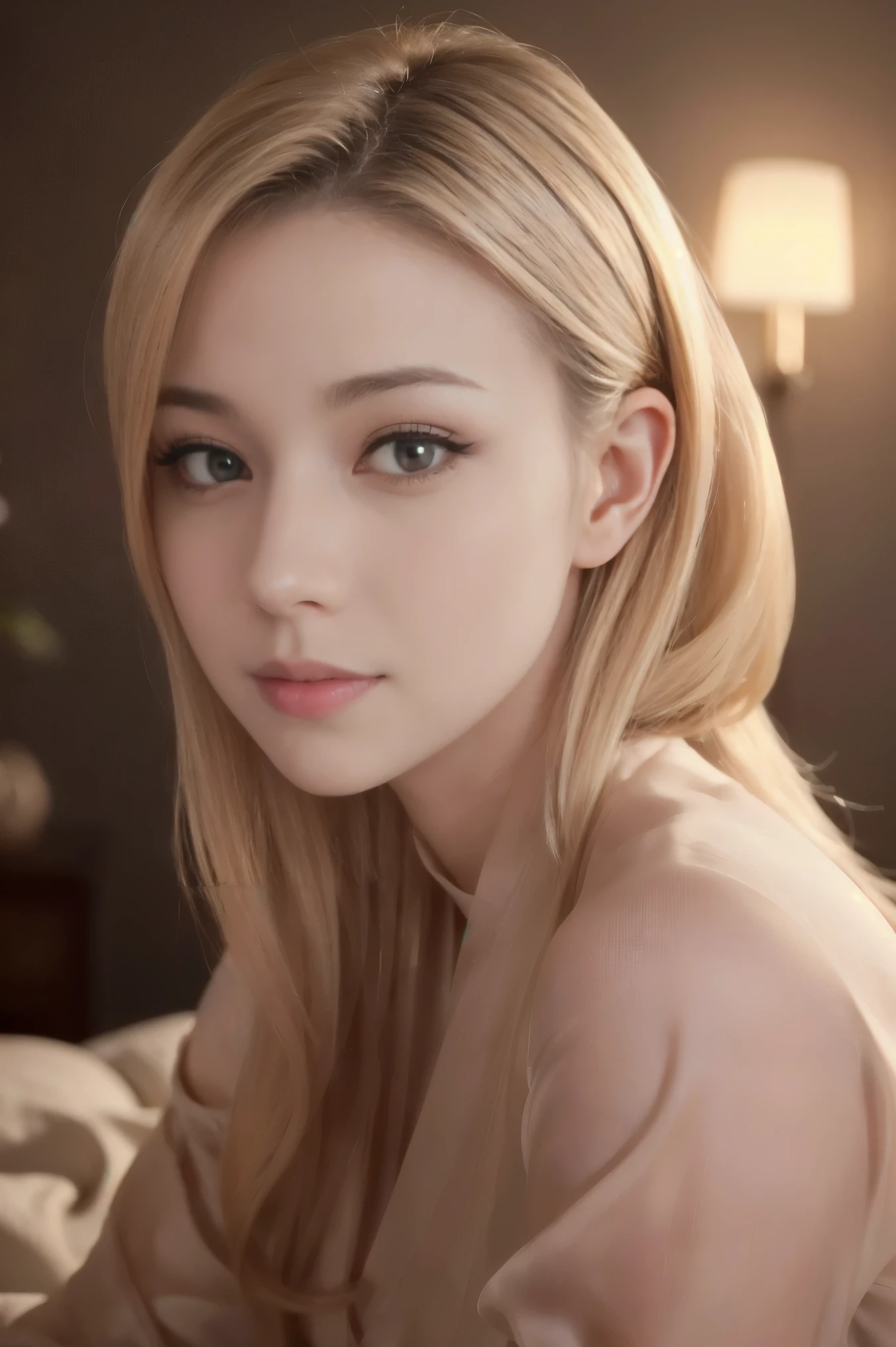 A beautiful blonde adult woman with a soft face, perfect brown eyes, detailed face, long eyelashes, wearing modest clothes, elegant silk flower background, cinematic photorealistic lighting, dramatic night scene, (best quality,4k,8k,highres,masterpiece:1.2),ultra-detailed,(realistic,photorealistic,photo-realistic:1.37),cinematic,dramatic,moody,warm light