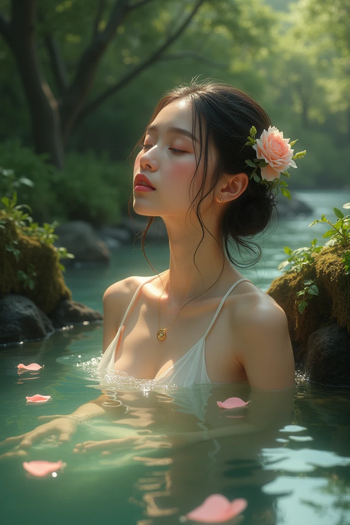 8k masterpiece, best quality: 1.2, A captivating scene unfolds on a mountain lake as a beautiful young Japanese girl sits opposite the POV in a rowboat. She exudes elegance in a short see-through chiffon summer dress that highlights her impressive breasts and alluring legs ((seductive pose: 1.3)). The serene waters mirror the girl's delight as she shares laughter, creating an idyllic moment of joy. Style: Artwork. The artwork will capture the fusion of realism and artistic expression, emphasizing the girl's radiance and the tranquility of the mountain lake, highly atmospheric, seductive pose,epic scenery, crystal clear water, reflections, cg work,