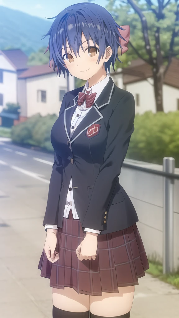 itsuka shido, girl, solo, blue hair, Brown eyes, smile, large breasts, red bow, striped bow, blazer, blue jacket, long sleeves, plaid skirt, brown skirt, black thighhighs, outdoors, cowboy shot, standing, looking at viewer