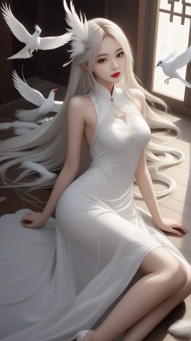 Chinese , 1girl, white long hair, beautiful detailed lips, white long dress, white feather and bird around, sexy pose on floor 